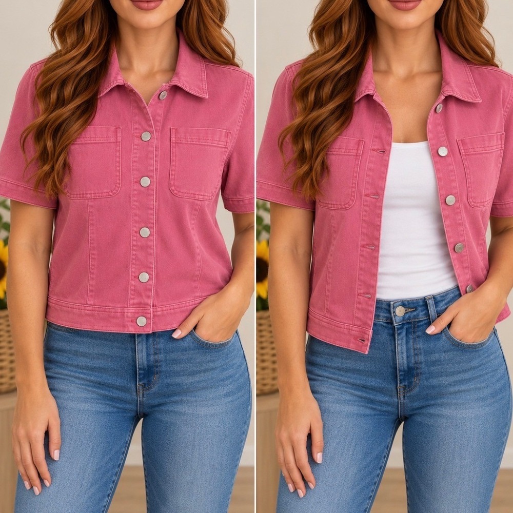 Talbots Denim Jacket Size M Pink Good Short Sleeve Cropped Button Up